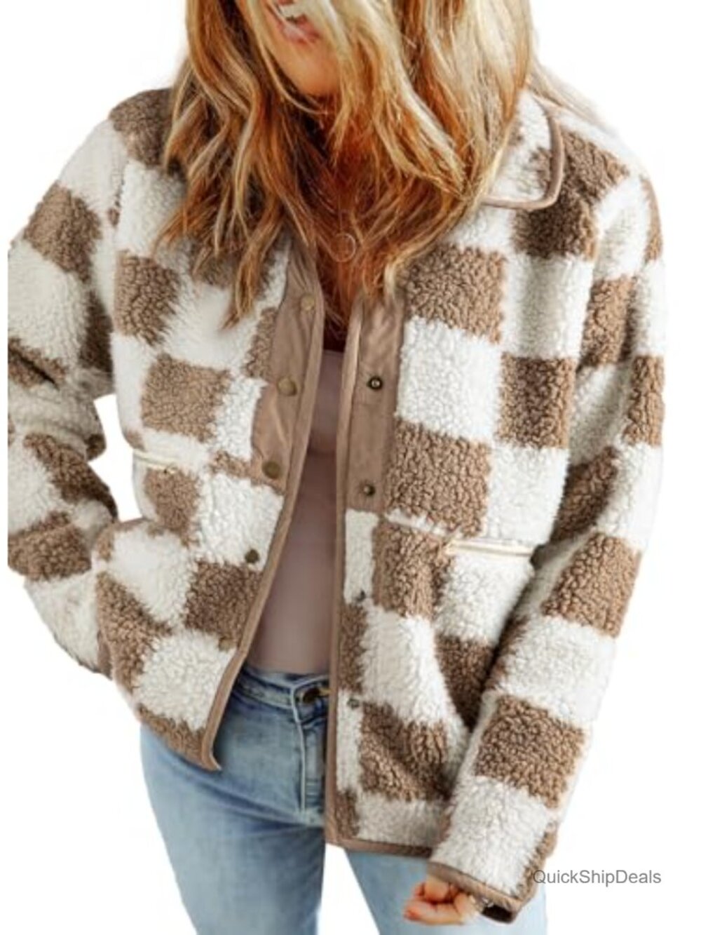 SHEWIN Women's Sherpa Plaid Button Down Fleece Jacket Loose Fit Fall Winter Coat